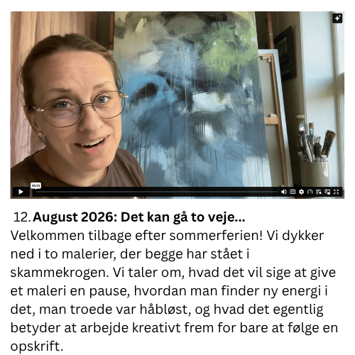 Velkommen tilbage efter sommerferien! I dette frikvarter dykker vi ned i to malerier, der begge har st&aring;et i skammekrogen &mdash; det ene i en m&aring;ned, det andet i &aring;revis. Vi taler om, hvad det vil sige at give et maleri en pause, hvordan man finder ny energi i det, man troede var h&aring;bl&oslash;st, og hvad det egentlig betyder at arbejde kreativt frem for bare at f&oslash;lge en opskrift. En session med maling i h&aring;nden og masser af refleksion undervejs.
